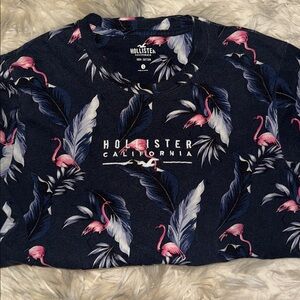 Hollister Navy Tee with Pink Flamingo & Feather Print